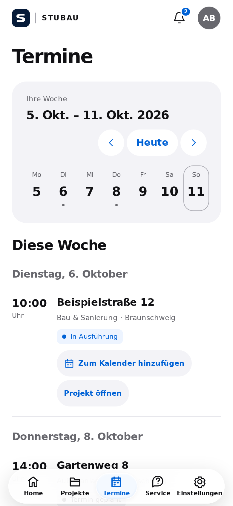 Unveränderte Originalansicht der STUBAU App mit fiktiven Beispieldaten