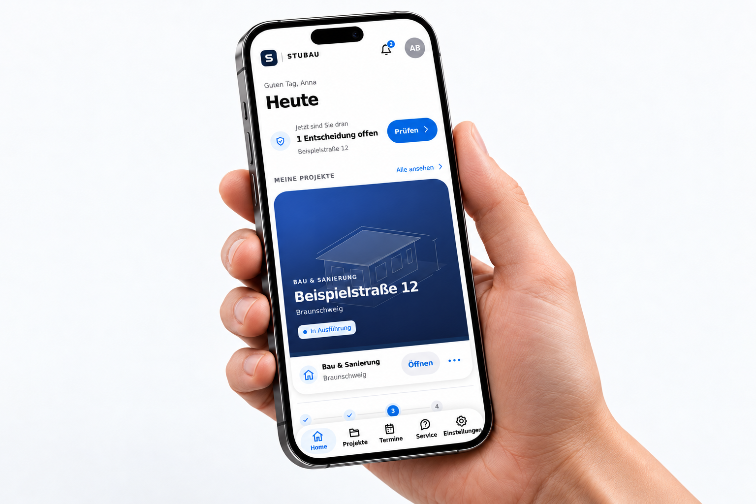 Hand mit Smartphone und STUBAU App · Konzeptdarstellung mit Beispieldaten