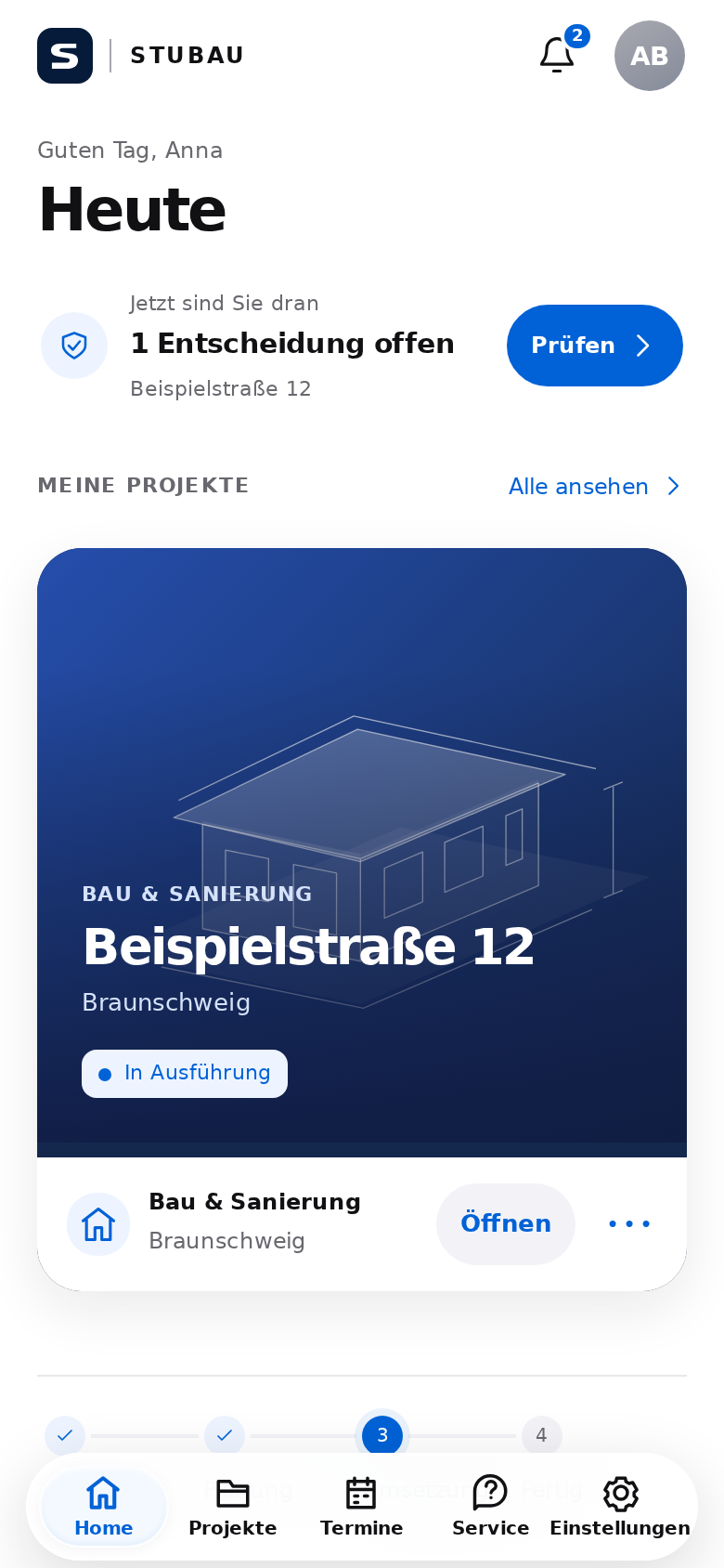 Originalansicht Heute der STUBAU App mit fiktiven Beispieldaten