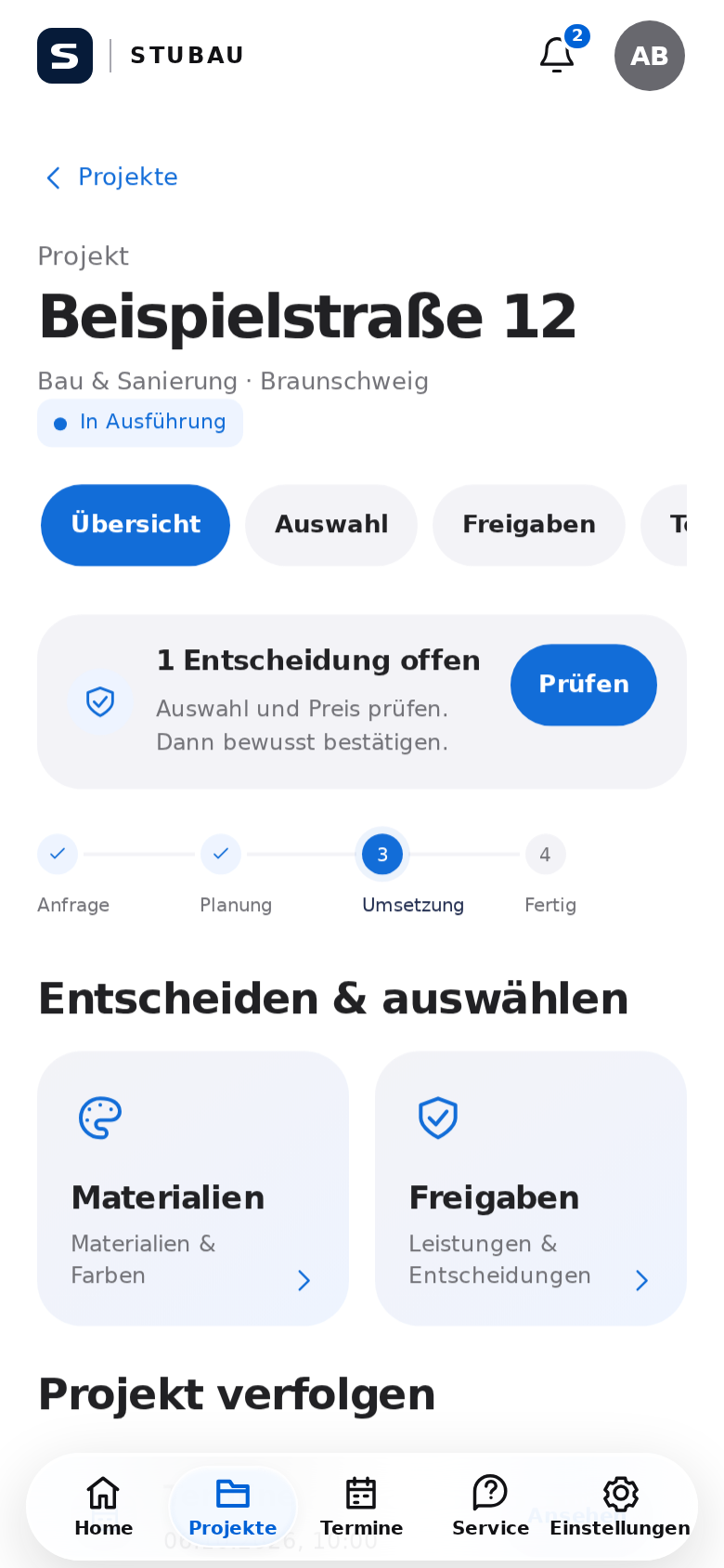 Originalansicht Projekt der STUBAU App mit fiktiven Beispieldaten