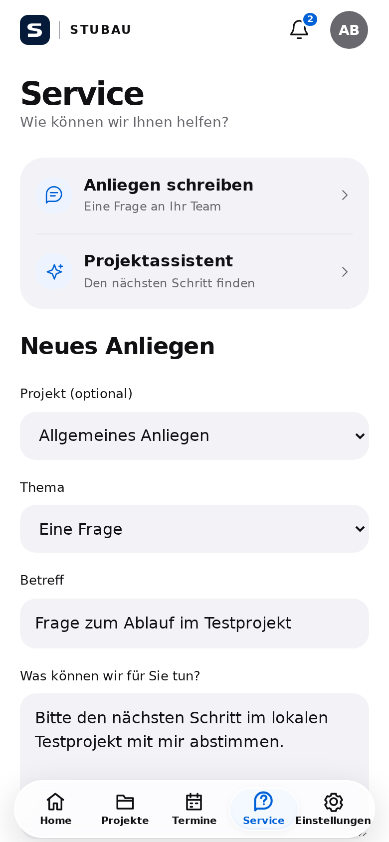 Originalansicht Service der STUBAU App mit fiktiven Beispieldaten