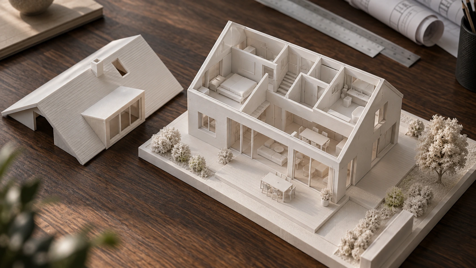 Physisches Architekturmodell eines Wohnhauses auf einem Planungstisch