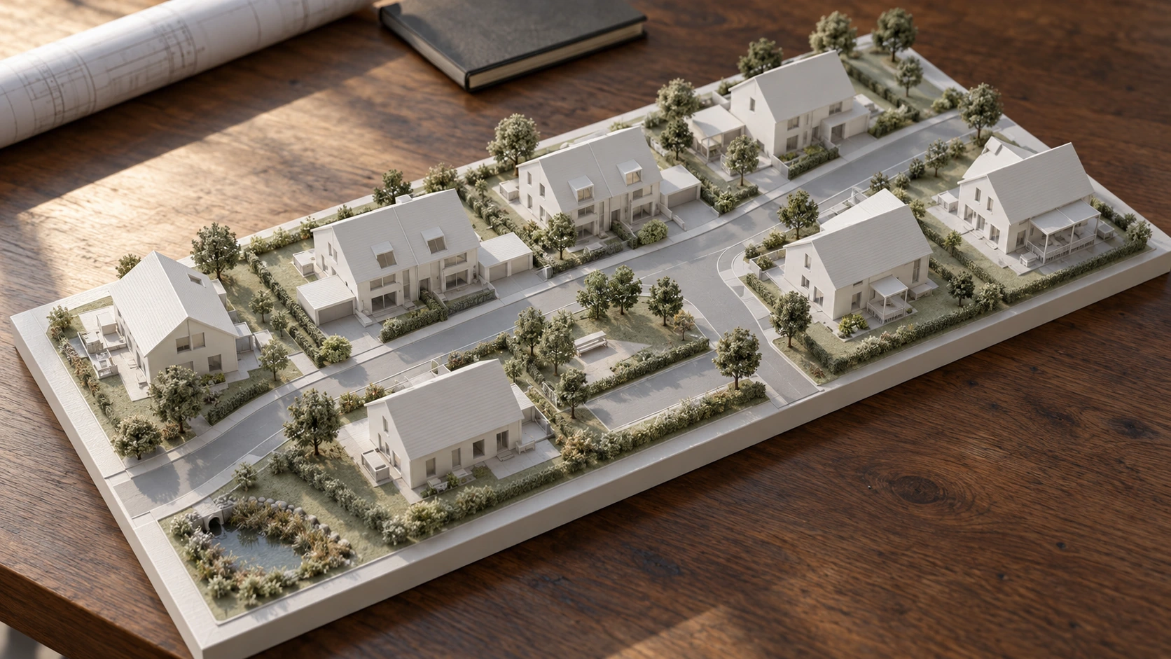 Physisches Architekturmodell eines Wohnquartiers mit Gebäuden, Wegen und Freiflächen