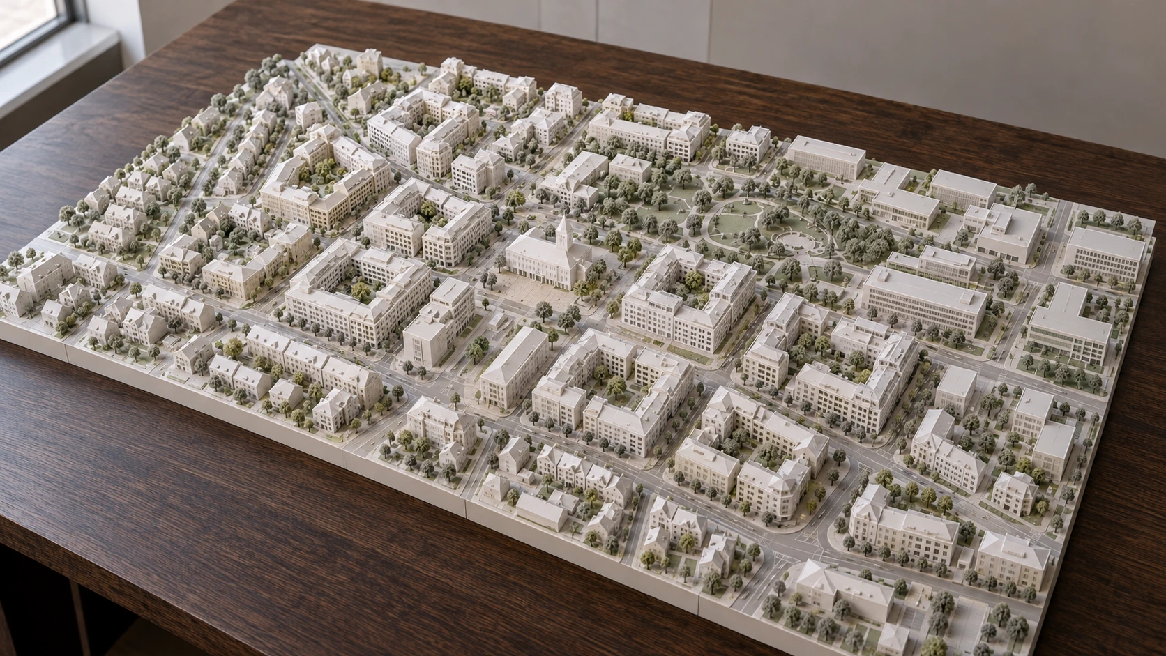 Großflächiges physisches Stadtmodell mit Straßen, Gebäuden und Freiflächen
