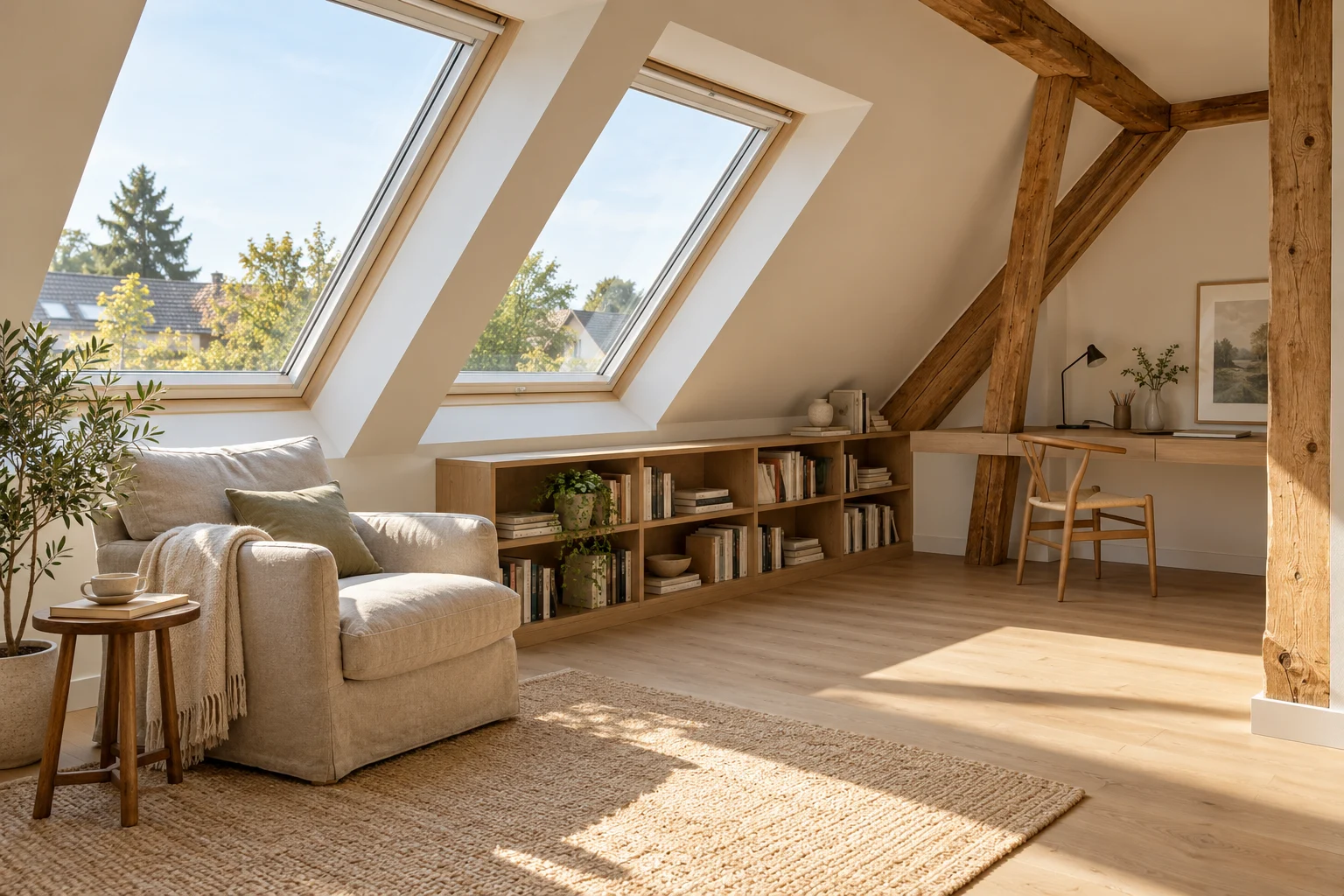 Heller Wohnraum im ausgebauten Dachgeschoss mit sichtbaren Holzbalken und großen Dachfenstern