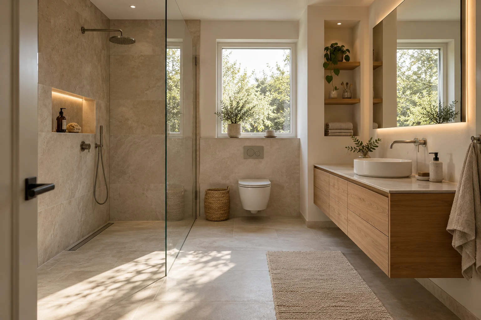 Badkonzept mit bodengleicher Dusche, wandhängendem WC, Waschtisch aus Holz und ruhigen Natursteinoberflächen