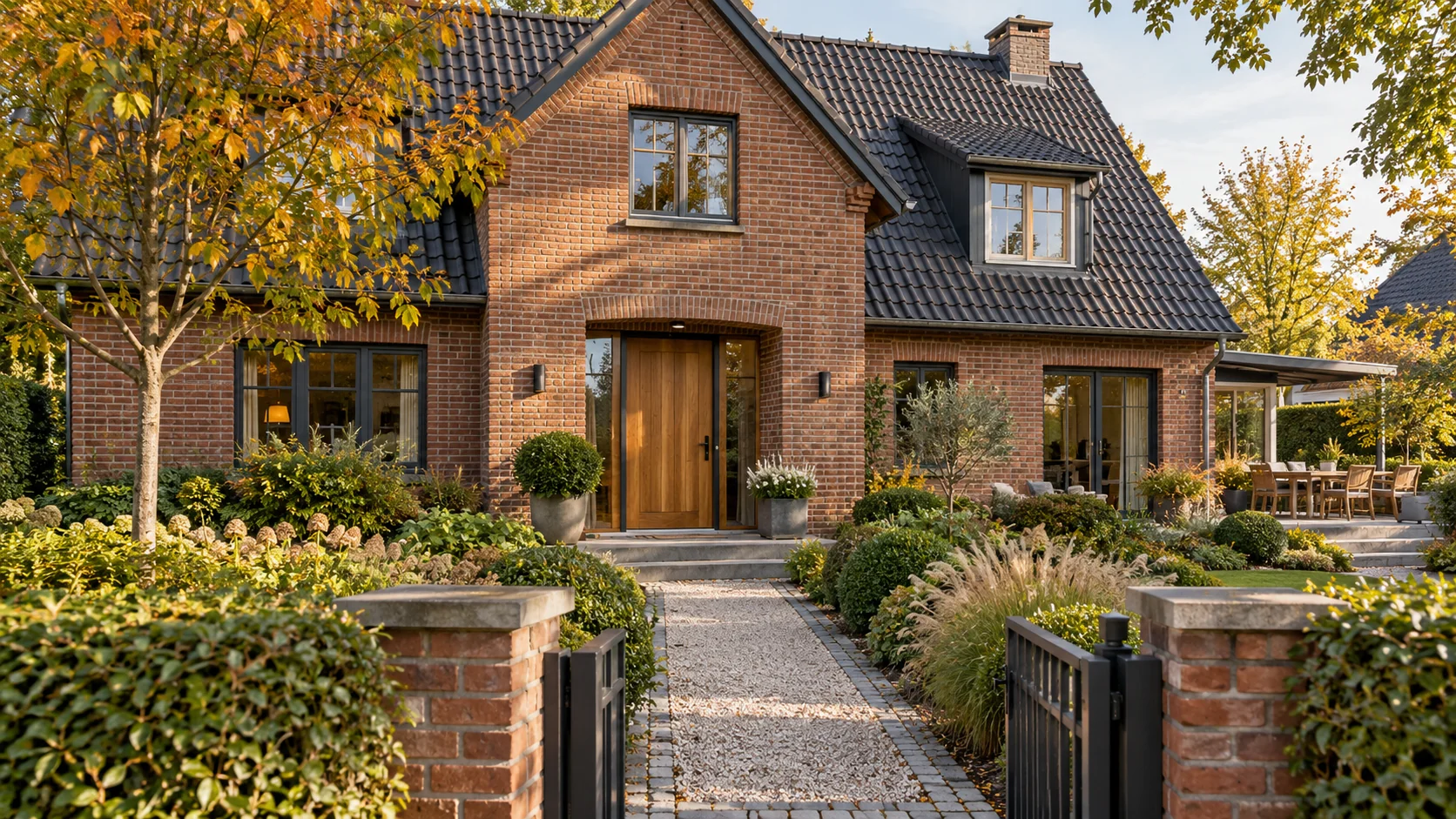 Gestaltungskonzept eines gepflegten Haus- und Gartenbereichs