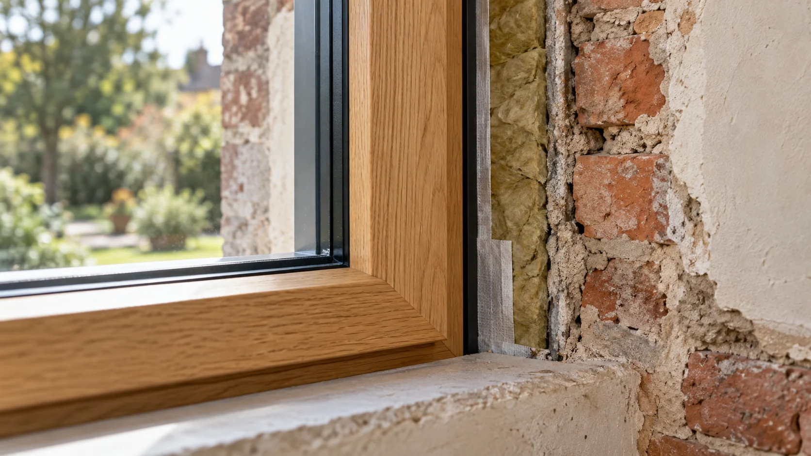 Holz-Alufenster mit geöffnetem Laibungsanschluss an bestehendem Ziegelmauerwerk