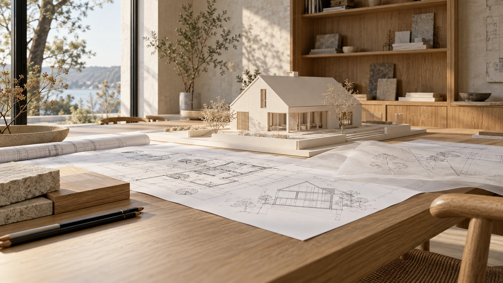 Planungsatelier mit Architekturmodell, Planunterlagen und Materialmustern