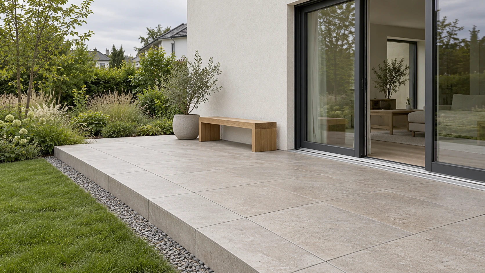 Terrasse aus großformatigen Steinplatten mit präzisen Anschlüssen an Haus und Garten.