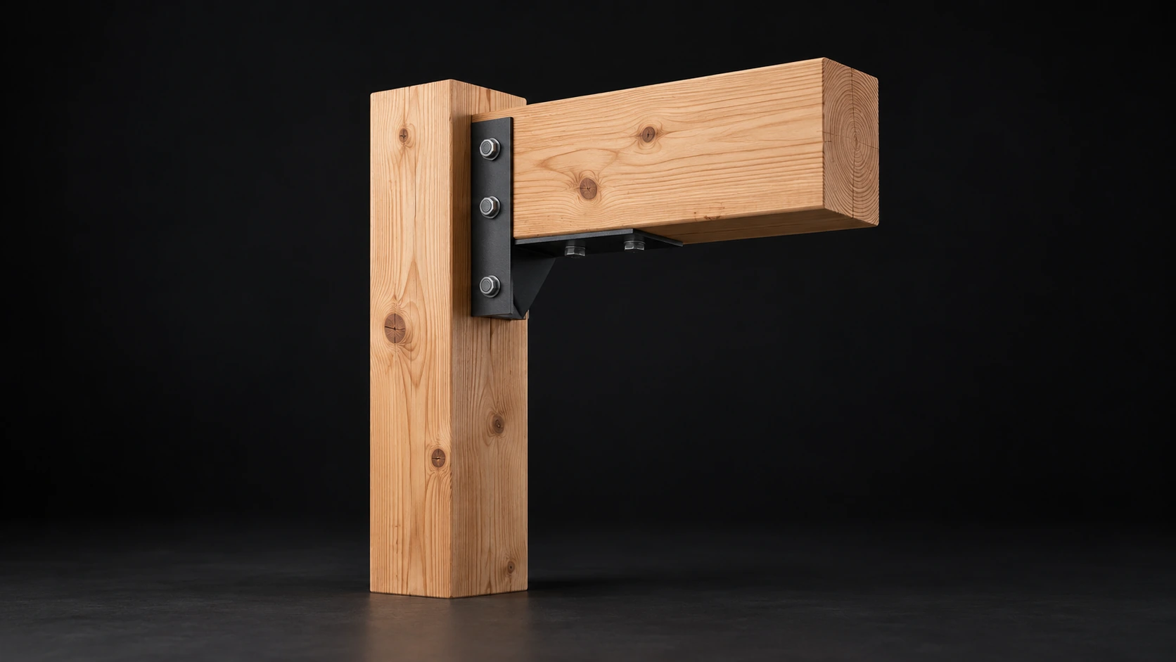 Konzeptdetail einer Holzverbindung mit sichtbarem Stahlverbinder; kein statischer Nachweis.