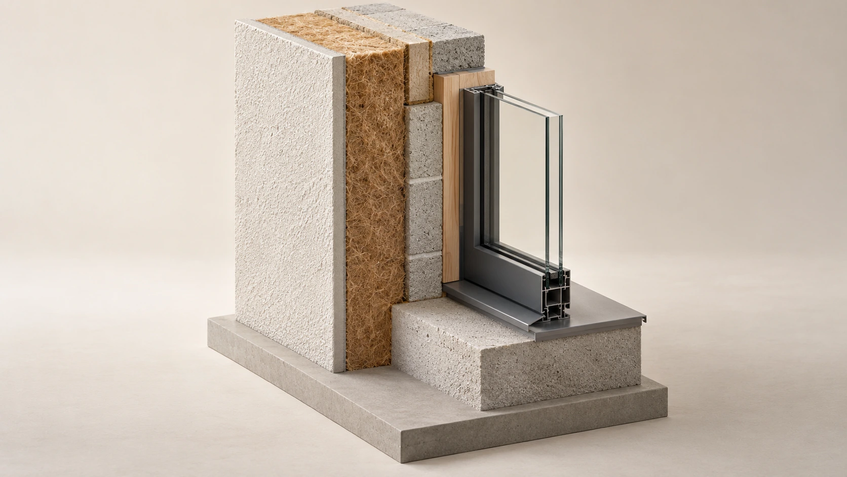 Physische Musterstudie eines Wand- und Fensteranschlusses mit sichtbar getrennten Materialschichten.