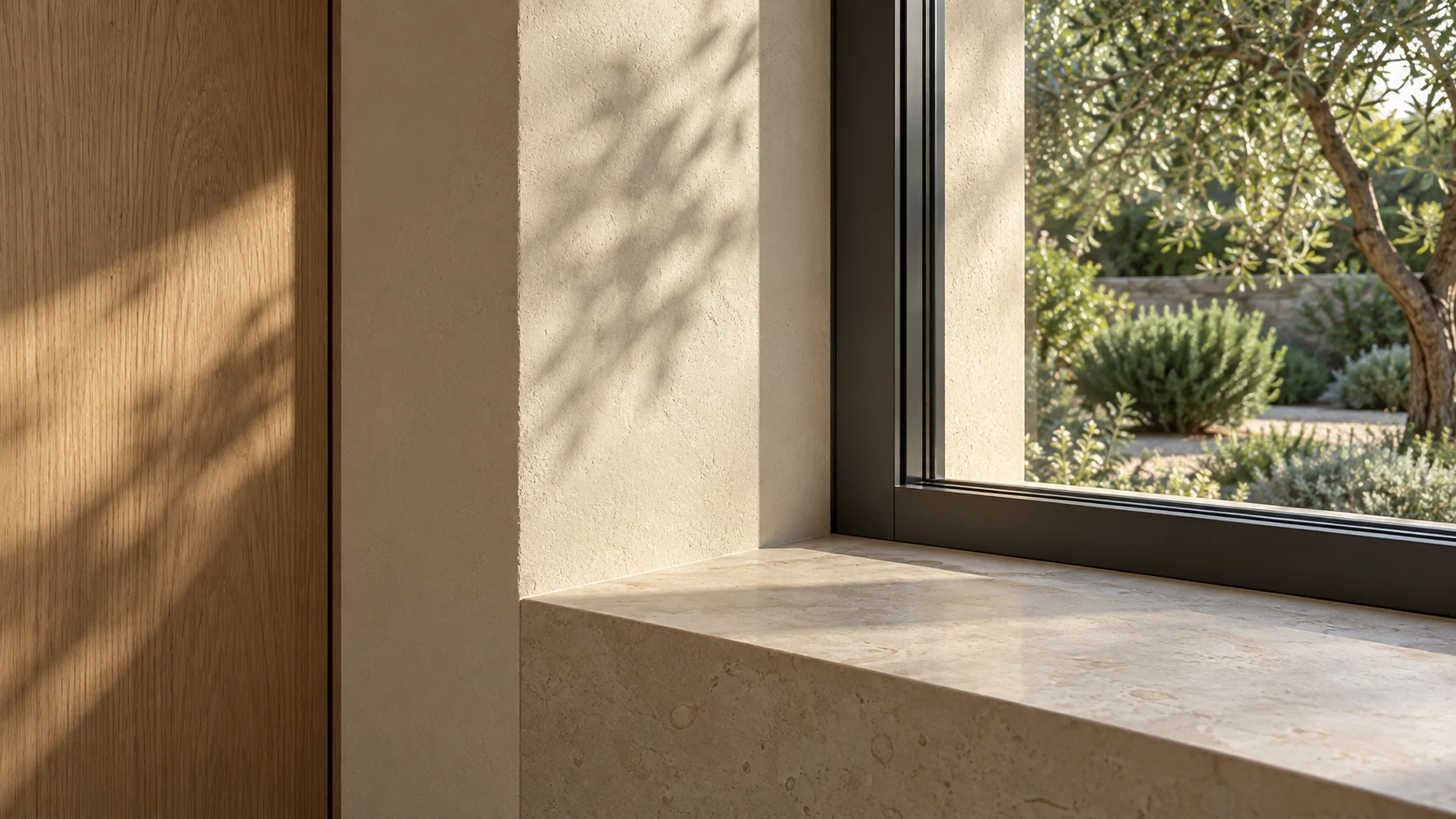 Tiefe Fensterlaibung mit heller Putzoberfläche, schmalem Metallrahmen und präziser Schattenfuge