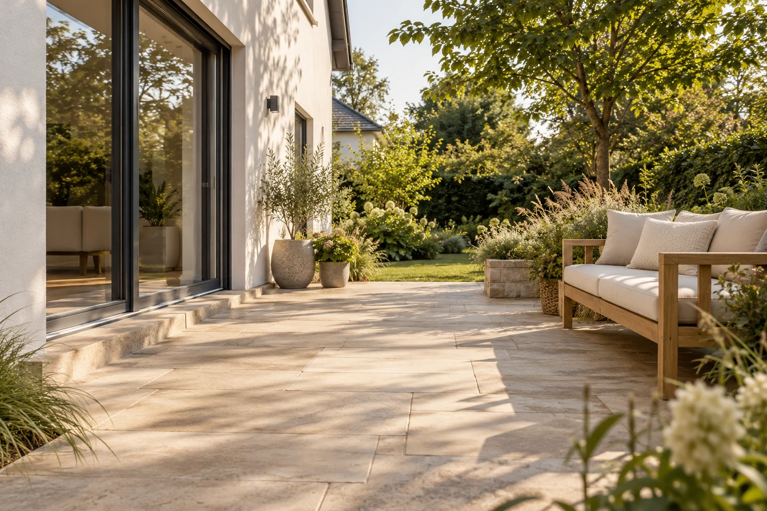 Terrassenkonzept am Wohnhaus mit großformatigen Steinplatten und bepflanztem Garten
